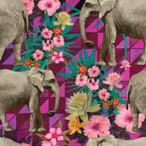 Samless pattern with indian elephants. Hand drawn vector.