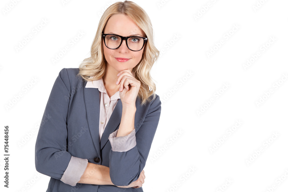 Blonde Frau mit schwarzer Brille Blonde Frau mit schwarzer Brille