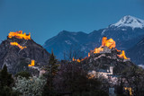 Switzerland, Valais, Sion, Night Shot of the  two Castles