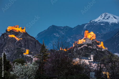 Switzerland, Valais, Sion, Night Shot of the  two Castles photo