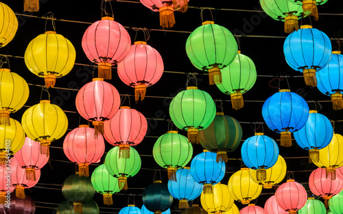 Colorful Chinese lantern illuminated at night