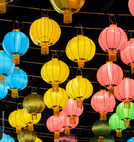 Colorful Chinese lantern illuminated at night