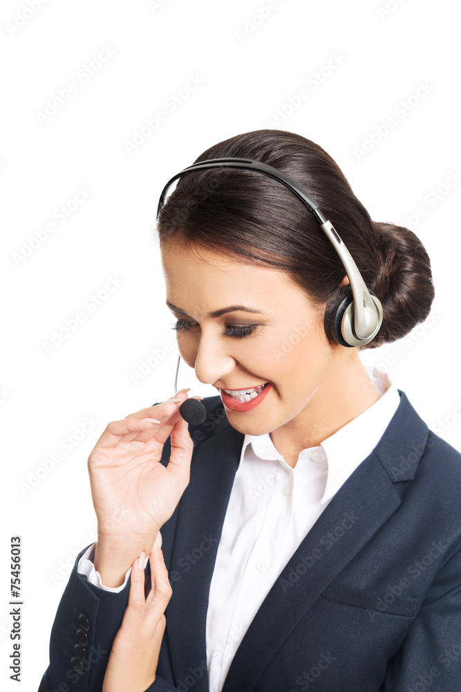 Portrait of call center woman talking to customer