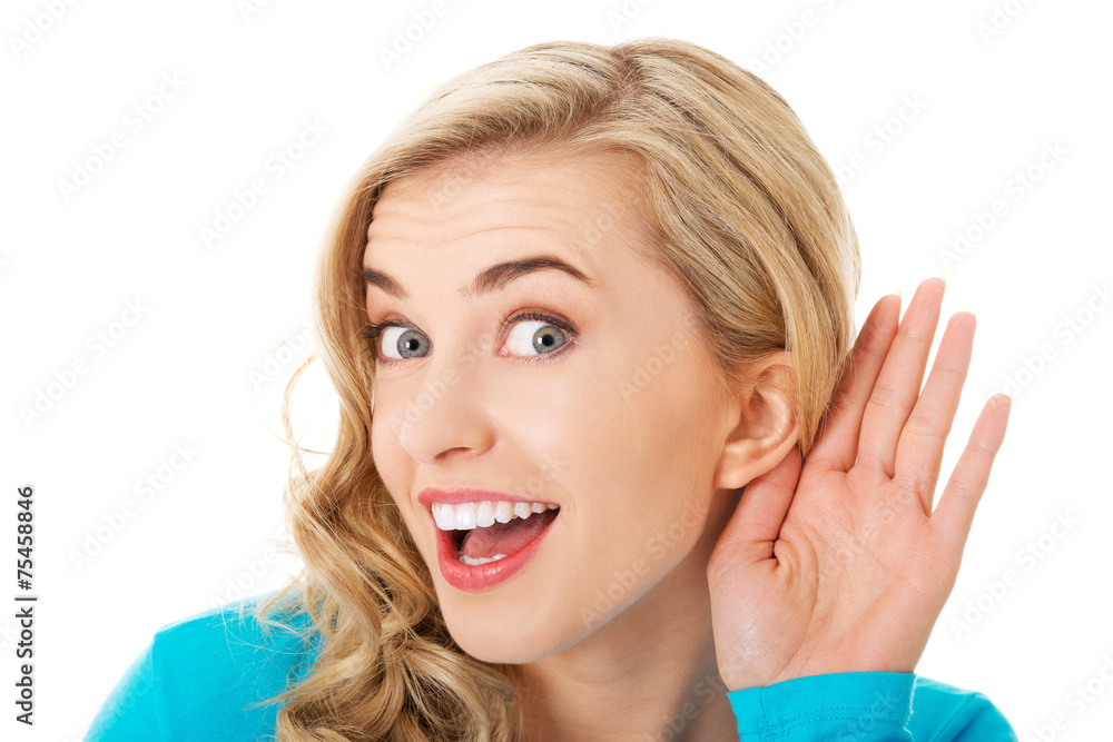 Portrait of woman overhearing a conversation Portrait of woman overhearing a conversation