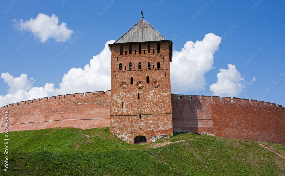 Brick wall of Novgorod Kremlin in Velikiy Novgorod, Russia 