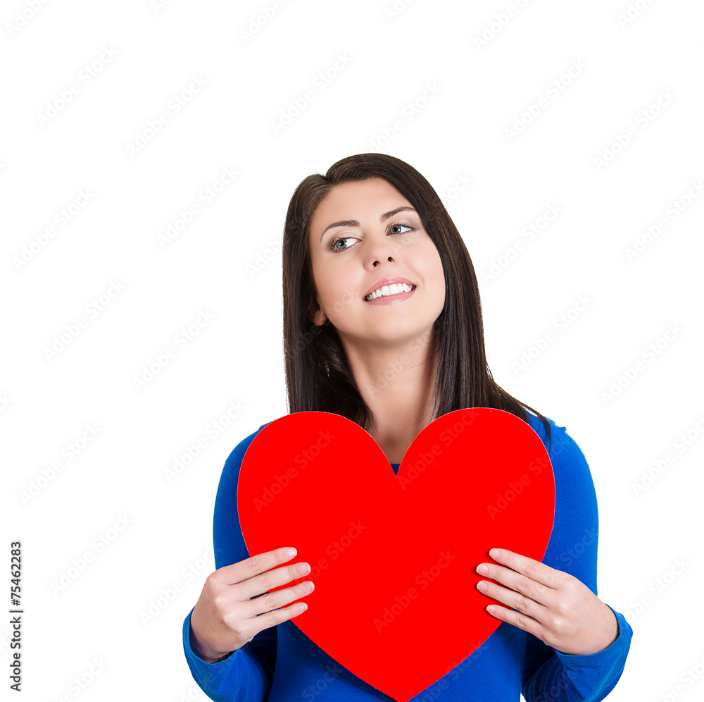 Love and valentines day woman holding heart smiling Love and valentines day woman holding heart smiling