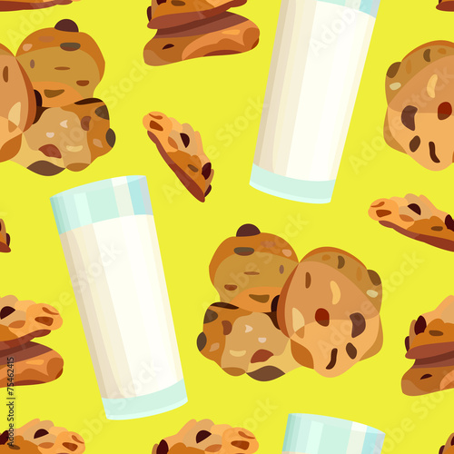 Seamless pattern with oatmeal cookies amd milk