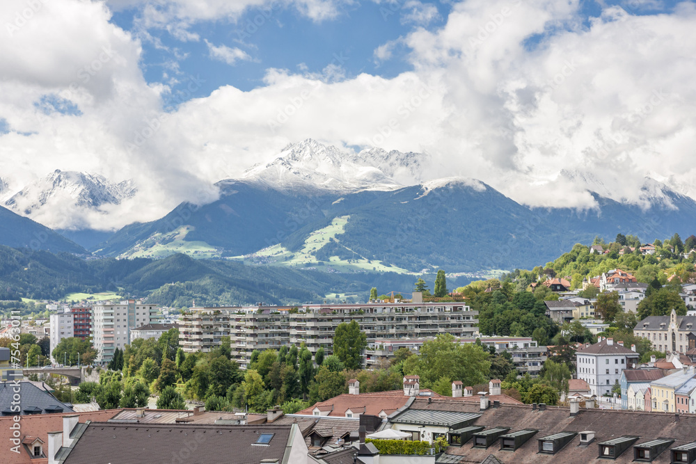 General view of Innsbruck, the capital city of the federal state of Tyrol (Tirol) located in the Inn Valley in western Austria.