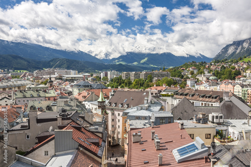 Obraz premium General view of Innsbruck, the capital city of the federal state of Tyrol (Tirol) located in the Inn Valley in western Austria.