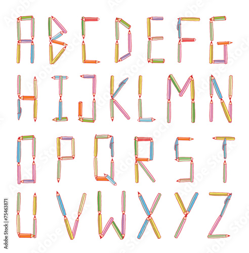 Wood pencil alphabet style. hand drawn Vector illustration.