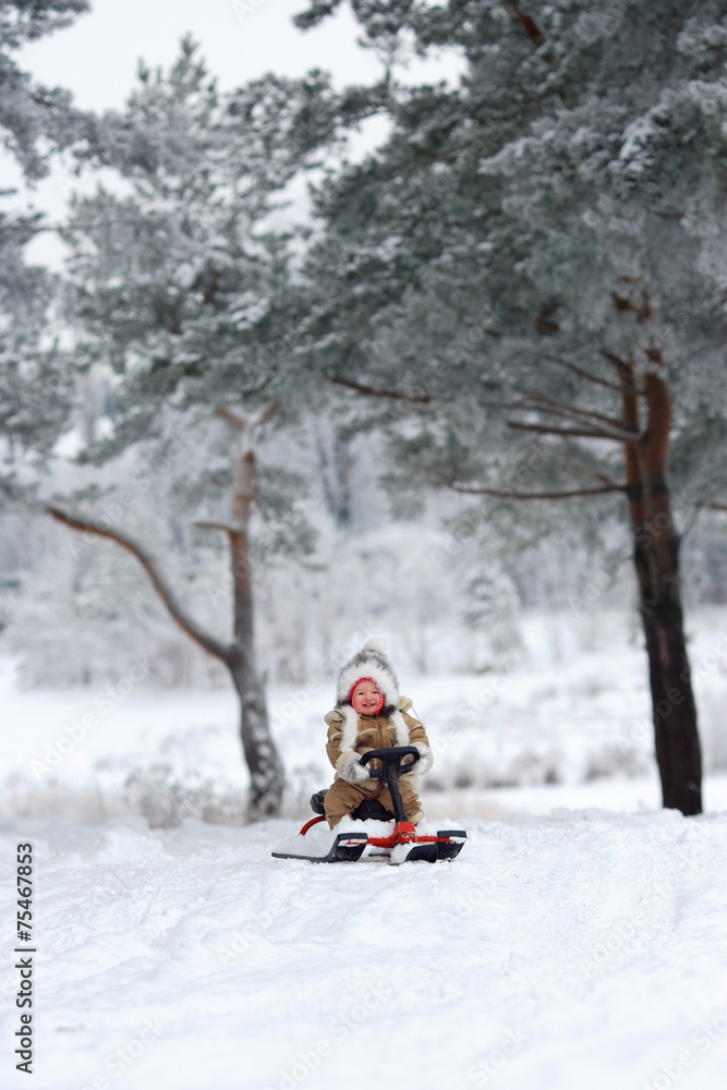 Child sledding in winter