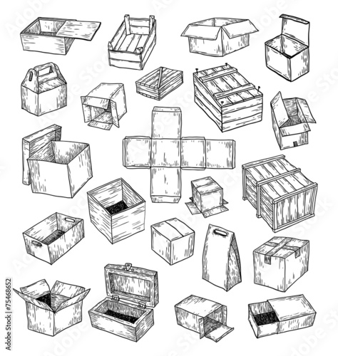 boxes collection, doodles set. vector illustration.