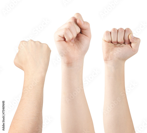 Three hands demonstrating fists, isolated, clipping path