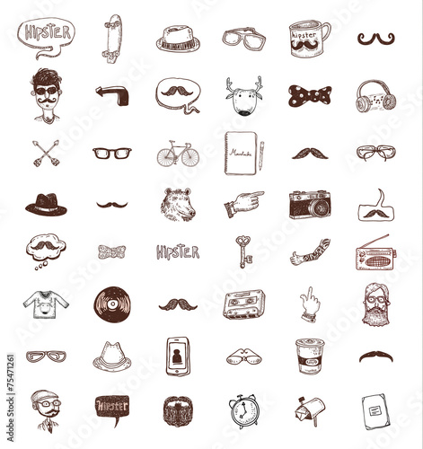 Hipster doodle set, hand drawn illustration.