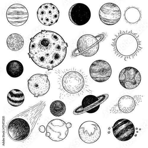 Set of planets icon, hand drawn vector illustration.