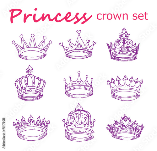 Princess crown set, hand drawn vector.