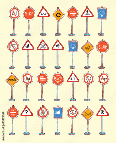 Hand drawn road signs. illustration.