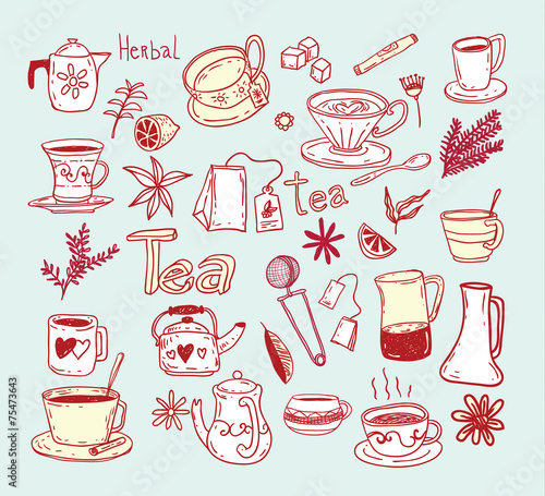 Tea doodle sketch elements.Hand drawn vector illustration