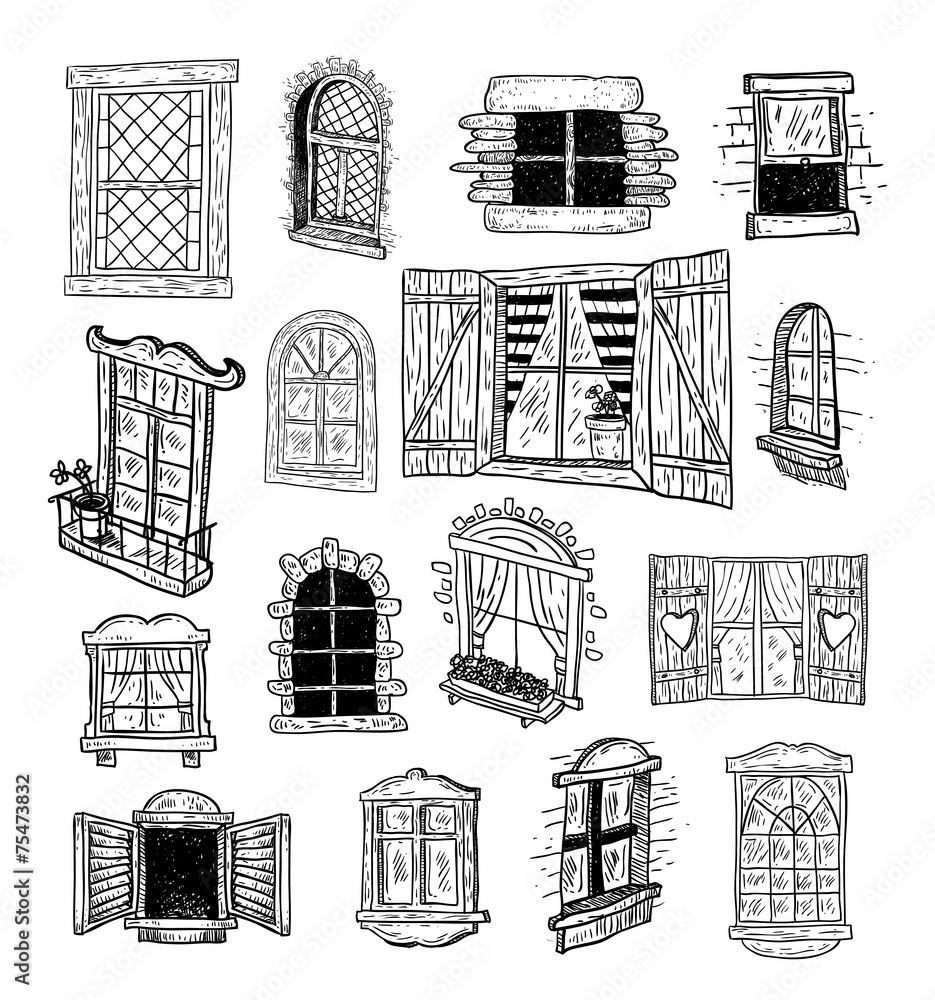 Window set doodle. Vector illustration.