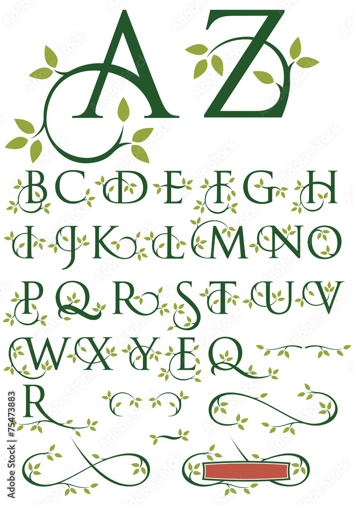 Naklejka premium Ornate alphabet of vector letters with leaf design and ornaments