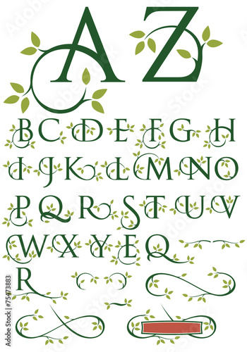 Fototapeta Ornate alphabet of vector letters with leaf design and ornaments