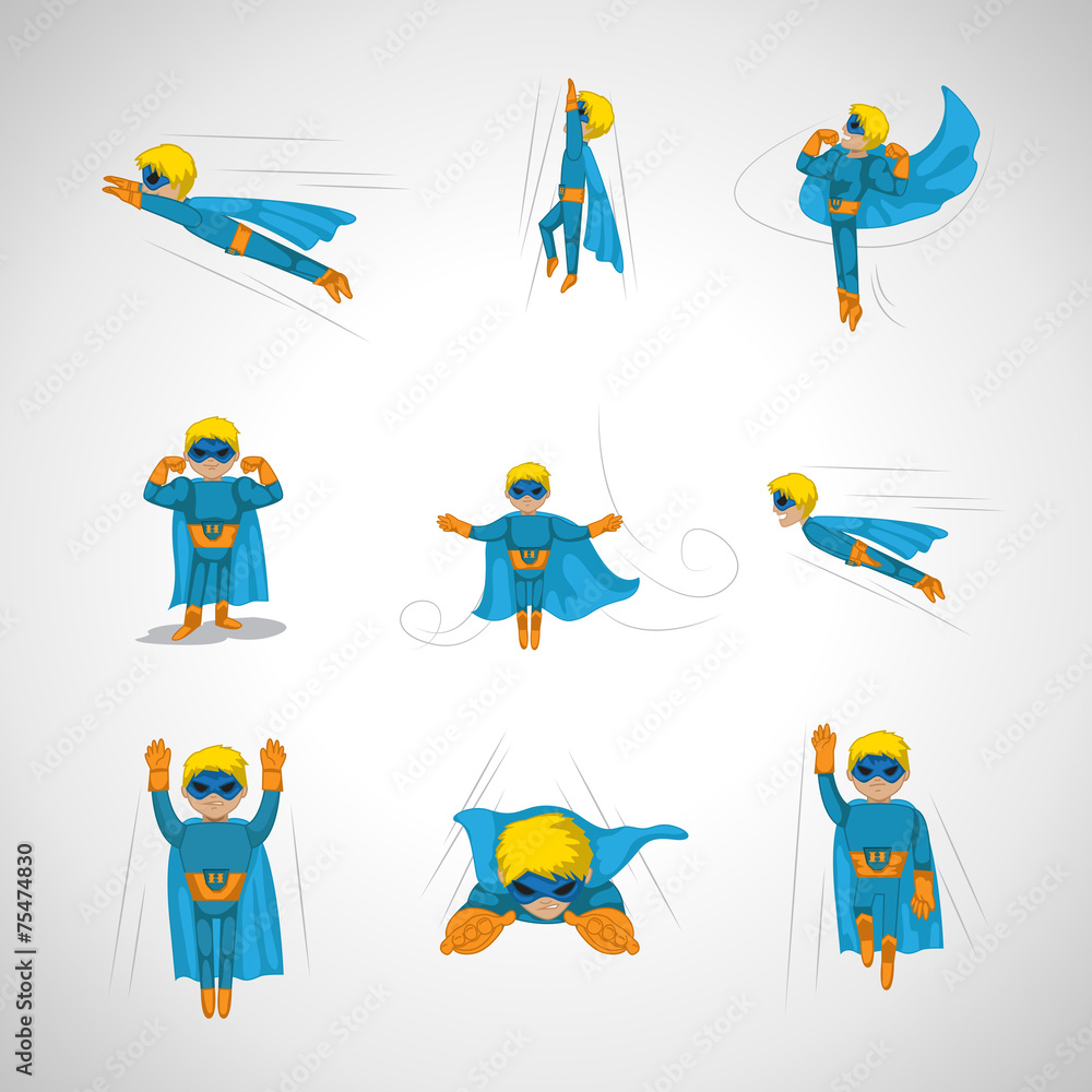 Superhero In Action Set - Isolated On Gray Background Superhero In Action Set - Isolated On Gray Background