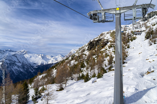 Mountain slopes and chairlift in winter on a sunny day