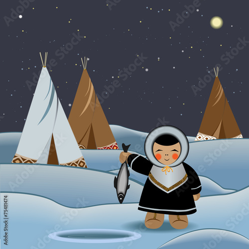 Kid in the North, polar night, vector illustration, EPS 10