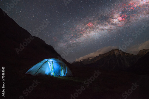 Tourist tent in the mountains under Milky way galaxy