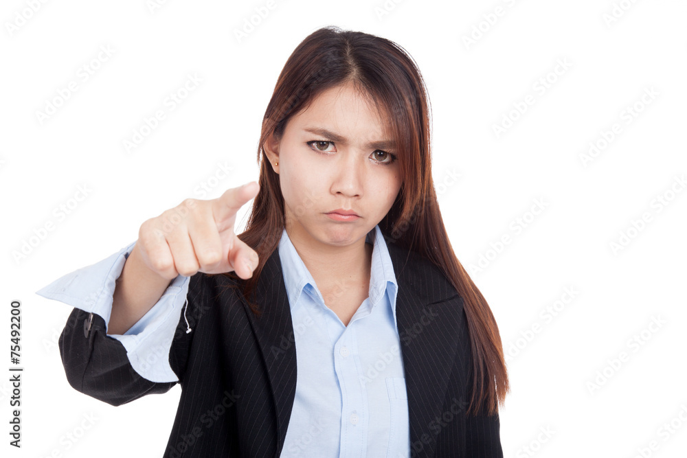 Young Asian businesswoman very angry point to camera Young Asian businesswoman very angry point to camera
