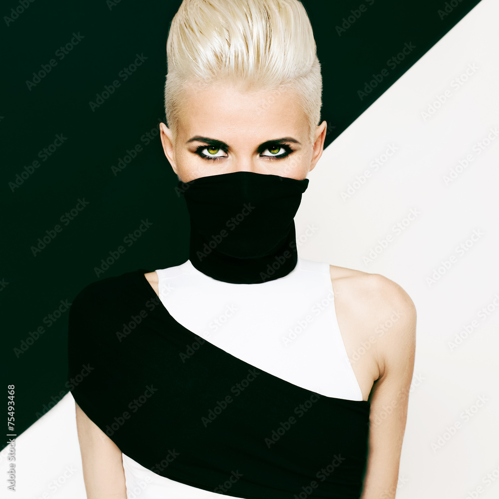 black and white background girl ninja style. fashionable hairsty Stock