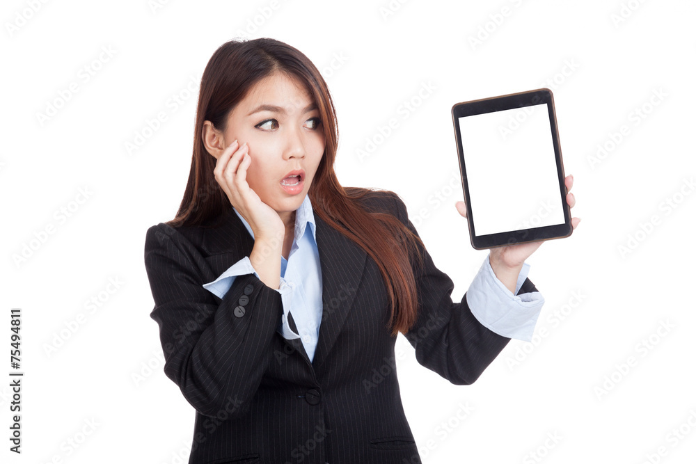 Young Asian businesswoman shock show tablet pc Young Asian businesswoman shock show tablet pc