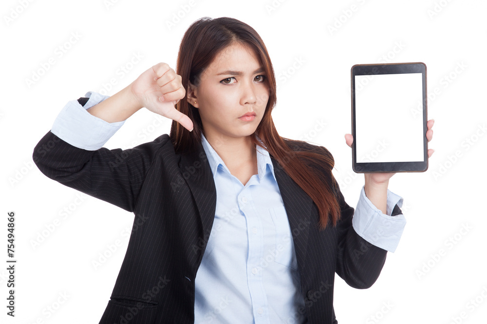Young Asian businesswoman thumbs down with tablet pc