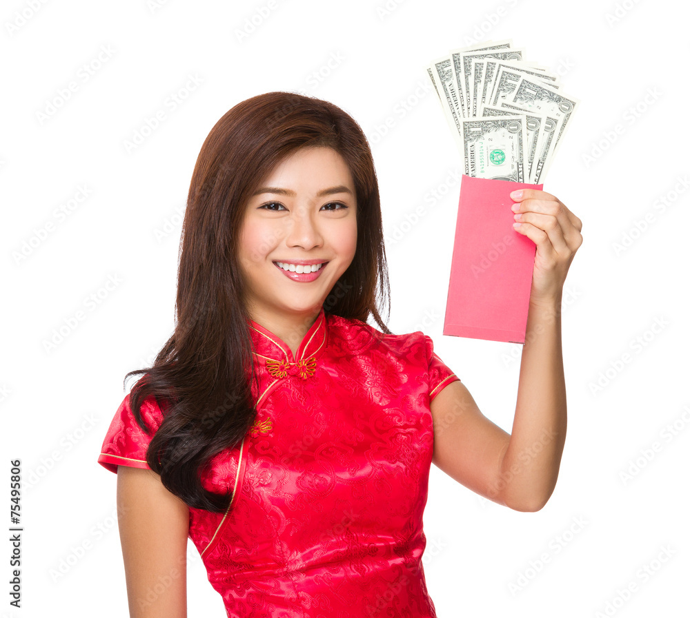 Chinese woman hold with lucky money with USD Chinese woman hold with lucky money with USD