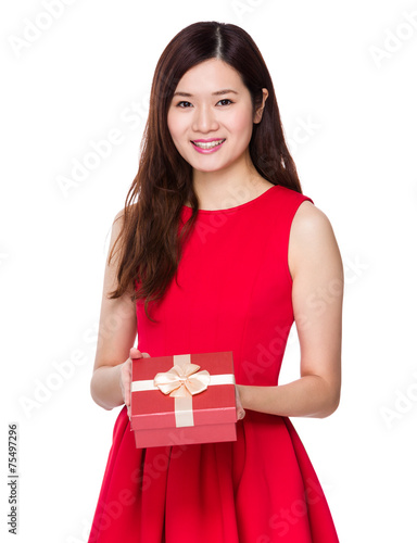 Asian woman hold with present box