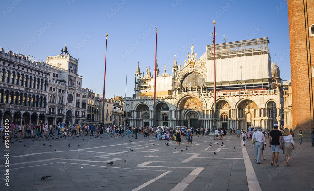 San Marco square with Campanile and Doge Palace after sunset. Venice, Italy