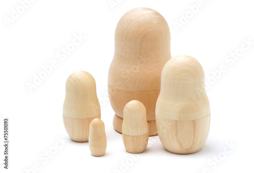 Set of five wooden unpainted matryoshkas