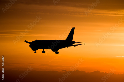 Airplane landing at sunset, Frankfurt, Germany