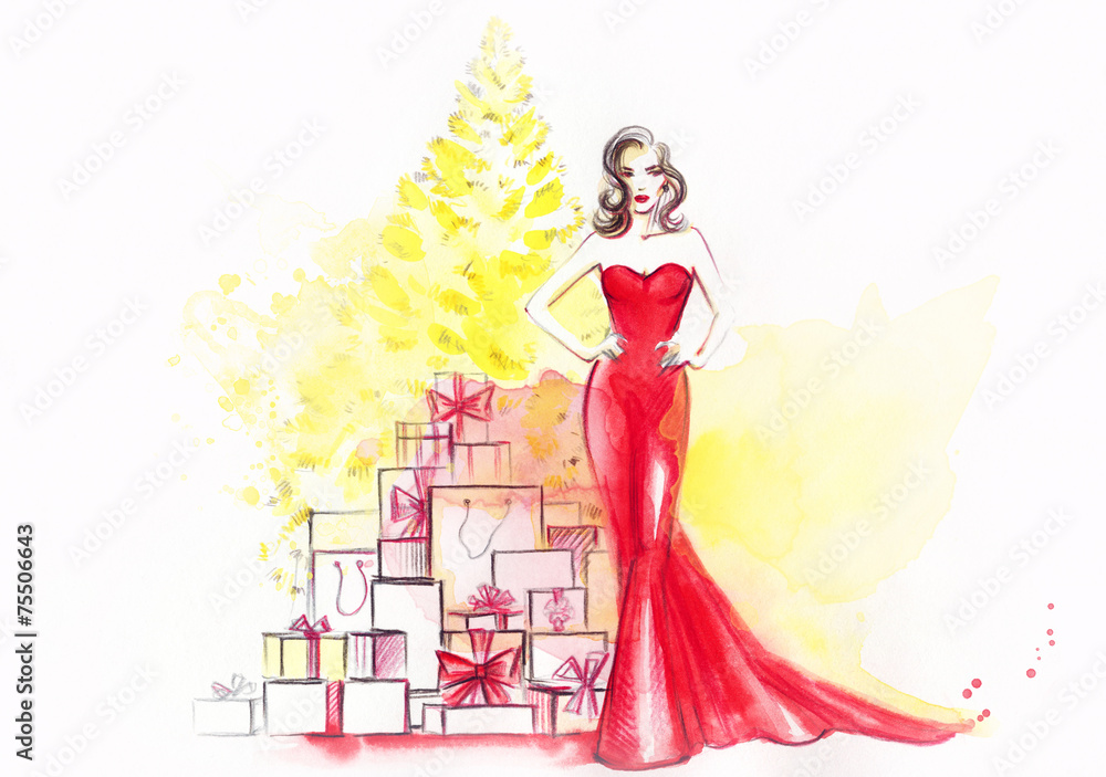 woman in red dress with many gift boxes