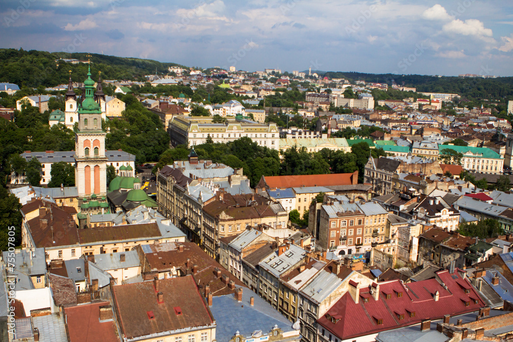 Bird eye view of Lviv from the city hall, Ukraine