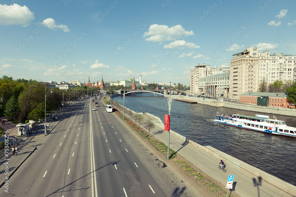 Moscow river embankment. View of the Moscow Kremlin