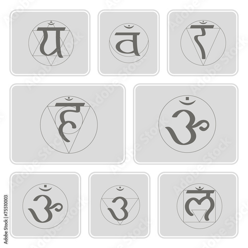 set of monochrome icons with  names of chakras in Sanskrit