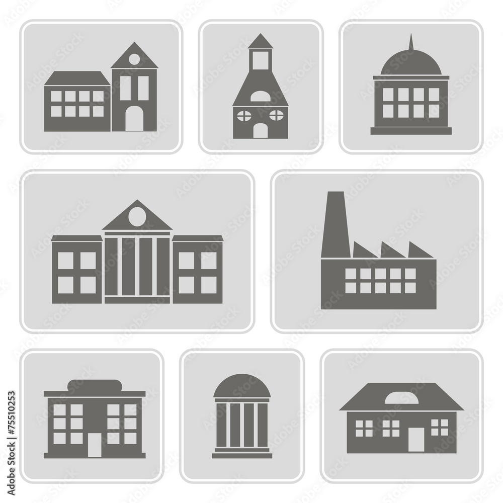 set of monochrome icons with various city buildings