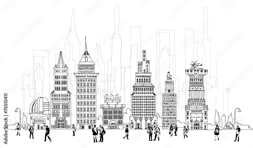 Bank street illustration with walking people