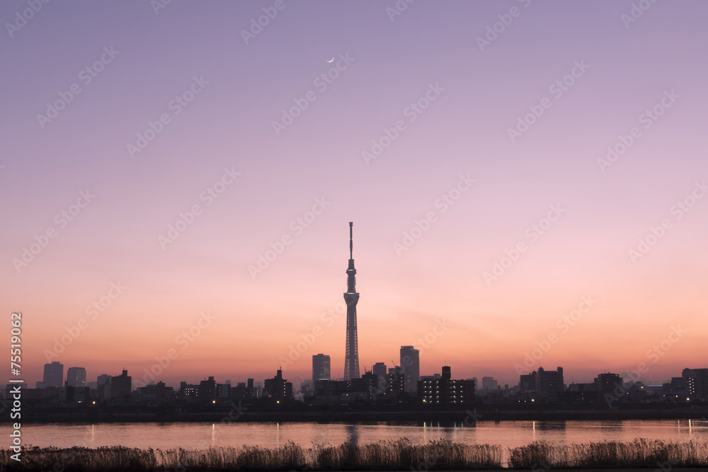 夕景の東京スカイツリー　日没瞬間の美しい空