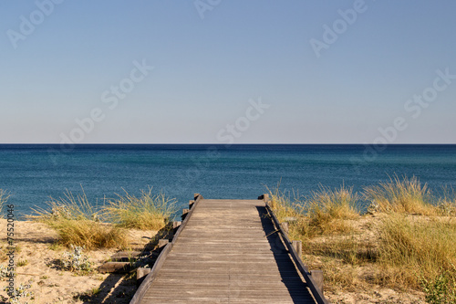 Footbridge on a desert beach in the morning