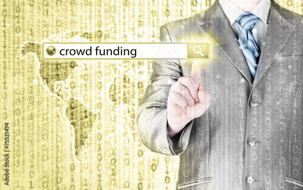 Businessman and crowd funding in search bar Businessman and crowd funding in search bar