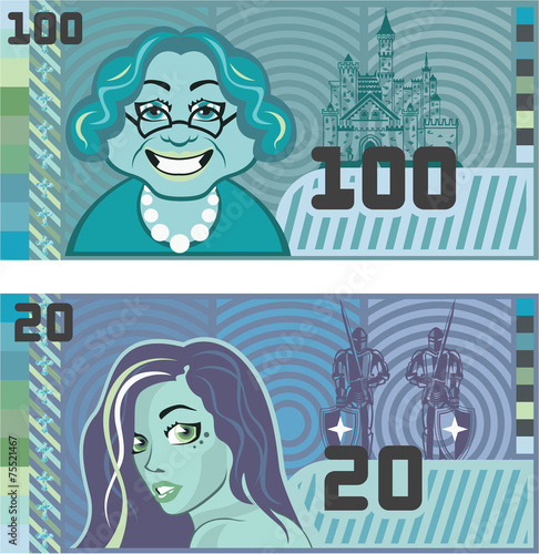 Fake Money Grandma 100 and Girl 20 vector