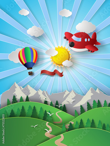 sunlight on cloud with hot air balloon and airplane.