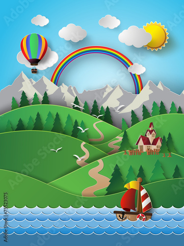 Sailing boat and cloud with rainbow.